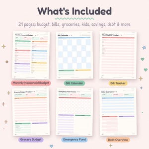 Op de afbeelding: Een digitale planner-set met 21 pagina's voor budget, rekeningen, boodschappen, kinderen, sparen en schulden. De pagina's bevatten een maandelijks huishoudbudget, factuurkalender, maandelijkse factuurtracker, boodschappenbudgettracker, noodfonds-tracker en schuldenoverzicht met pastelkleurige secties en koppen.