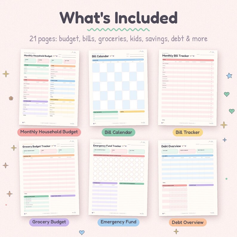 Op de afbeelding: Een digitale planner-set met 21 pagina's voor budget, rekeningen, boodschappen, kinderen, sparen en schulden. De pagina's bevatten een maandelijks huishoudbudget, factuurkalender, maandelijkse factuurtracker, boodschappenbudgettracker, noodfonds-tracker en schuldenoverzicht met pastelkleurige secties en koppen.