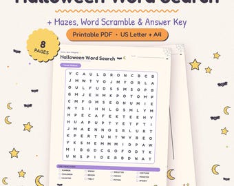 Pacchetto di giochi di ricerca di parole e puzzle di Halloween, pipistrelli, luna, parole spettrali (download digitale)