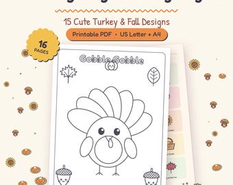 Målarbilder med kalkon till Thanksgiving, 15 höstmotiv (utskrivbar PDF)