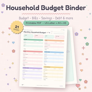 Op de afbeelding: Een printbare huishoudbudgetmap als PDF met 21 pagina's in US Letter, A4 en A5-formaten. Het document bevat een maandelijks huishoudbudgetsjabloon met secties voor inkomsten, geplande uitgaven, werkelijke uitgaven en besparingen, versierd met iconen.