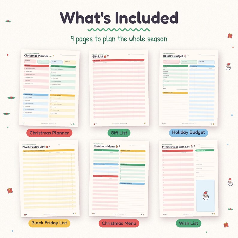 May include: A digital planner set featuring 9 pages for holiday organization. The sheets include a Christmas Planner, Gift List, Holiday Budget, Black Friday List, Christmas Menu, and Wish List, all with colorful headers and organized sections.