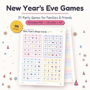 May include: A printable PDF set of New Year's Eve games featuring 44 pages of content, including 37 party games for families and friends. The document displays New Year's Bingo cards with colourful icons, available in US Letter and A4 paper sizes.