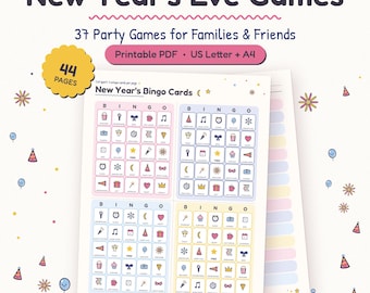 Könnte beinhalten: Ein druckbares PDF-Set mit Silvesterspielen auf 44 Seiten, das 37 Partyspiele für Familien und Freunde enthält. Das Dokument zeigt Neujahrs-Bingokarten mit bunten Symbolen und ist in den Papierformaten US Letter und A4 verfügbar.