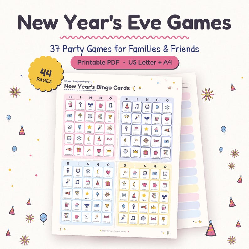 May include: A printable PDF set of New Year's Eve games featuring 44 pages of content, including 37 party games for families and friends. The document displays New Year's Bingo cards with colourful icons, available in US Letter and A4 paper sizes.