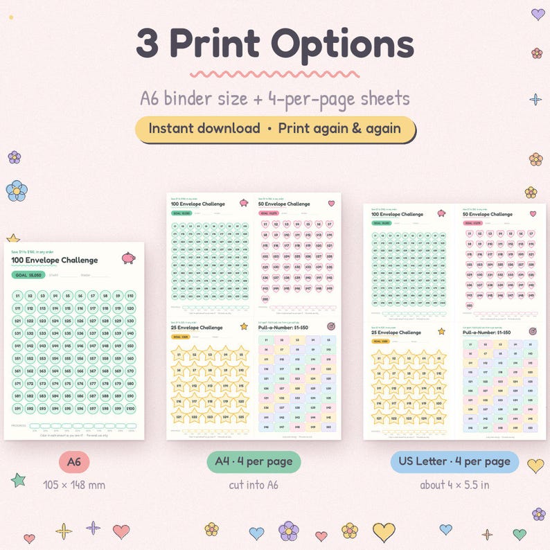 Op de afbeelding: Een digitale spaartracker-set met 3 printopties: A6-mapformaat, A4-vellen met 4 per pagina en US Letter-vellen met 4 per pagina. Bevat 100 Envelop Challenge, 50 Envelop Challenge, 25 Envelop Challenge en Pull-a-Number trackers met iconen.