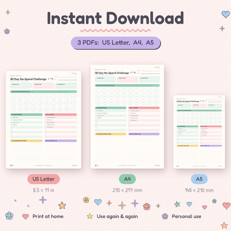 May include: A digital 30 Day No-Spend Challenge planner set in US Letter, A4, and A5 sizes. The white pages feature pastel-colored sections for goals, dates, and daily tracking circles, with lists for allowed and not allowed items and notes.