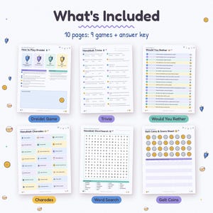 Puede incluir: Un conjunto de 10 p&aacute;ginas de juegos imprimibles de Hanukkah que incluyen How to Play Dreidel, Hanukkah Trivia, Would You Rather, Hanukkah Charades, una sopa de letras y una hoja de puntuaci&oacute;n de Gelt Coins con texto, iconos y cuadr&iacute;culas.