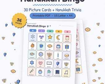 Juego de bingo de Hanukkah, 30 tarjetas ilustradas, preguntas y respuestas, actividad para fiestas familiares (PDF)