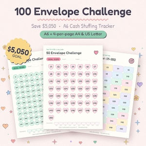 100 Envelope Challenge Printable A6 tracker to save $5,050, shown on cute cash stuffing pages.