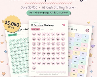 May include: A set of printable savings trackers titled 100 Envelope Challenge and 50 Envelope Challenge. The sheets feature numbered circles, hearts, and rectangles in pastel colors for tracking cash stuffing goals of $5,050 and $1,275.