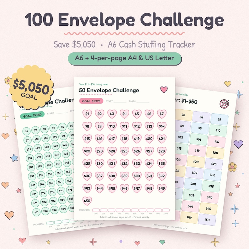 100 Envelope Challenge Printable A6 tracker to save $5,050, shown on cute cash stuffing pages.