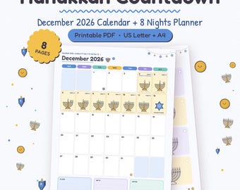 Calendario de cuenta regresiva para Hanukkah 2026, dibujo para colorear de la menorá, etiquetas de regalo (PDF)