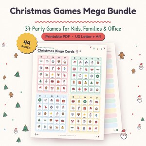 Christmas Games Bundle with 37 printable Christmas party games for adults and kids, shown as a stack of pastel game pages.