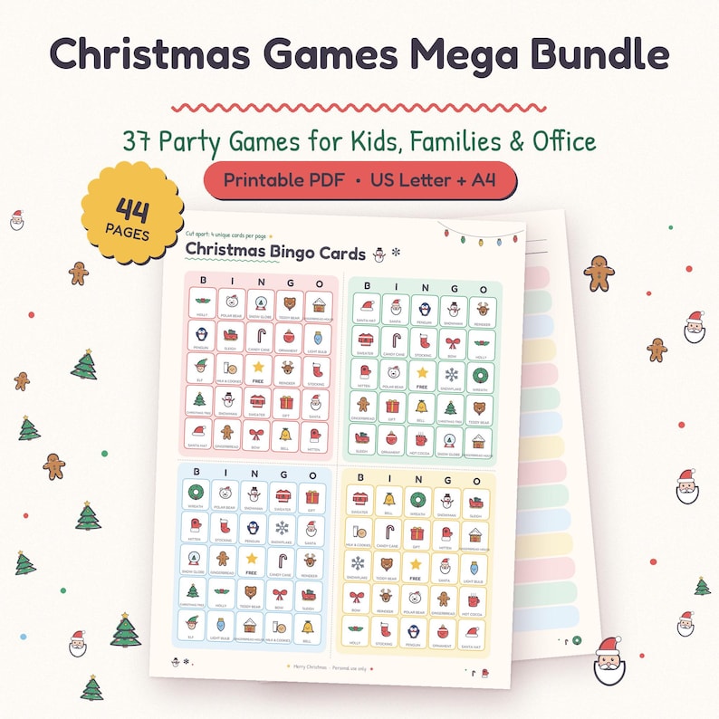Christmas Games Bundle with 37 printable Christmas party games for adults and kids, shown as a stack of pastel game pages.