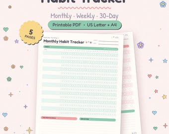Pastelowy tracker nawyków do druku, miesięczny, tygodniowy, 30-dniowy (PDF)
