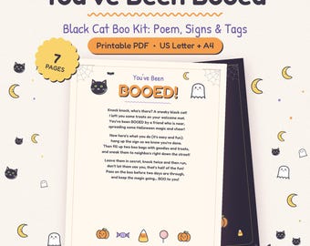 Kit di Halloween a tema gatto nero, poesia, cartelli per porte, etichette (download digitale)