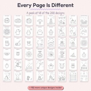 Pu&ograve; includere: Una raccolta di 48 pagine da colorare in bianco e nero con varie illustrazioni a tema Halloween come zucche, fantasmi, pipistrelli e gatti. Il testo recita Every Page Is Different, A peek at 48 of the 200 designs, e + 152 more unique designs inside!