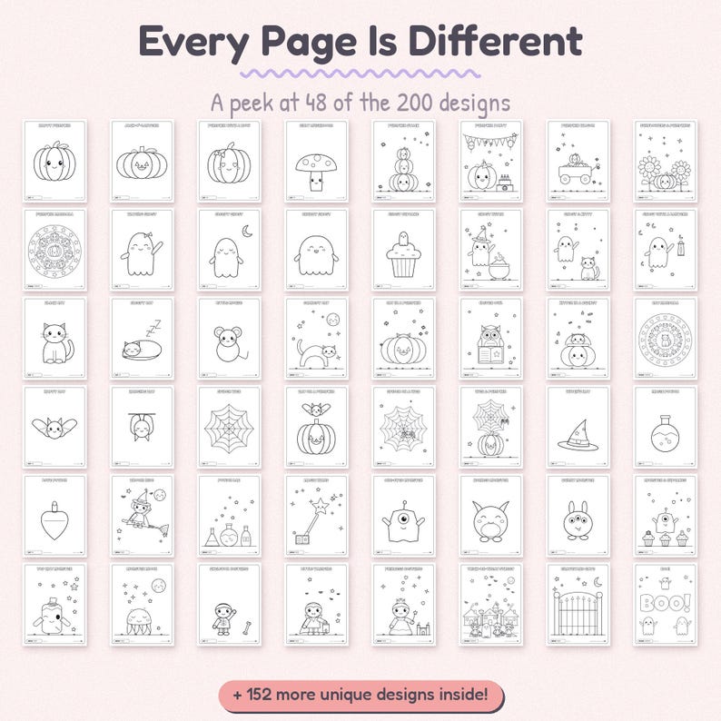 Pu&ograve; includere: Una raccolta di 48 pagine da colorare in bianco e nero con varie illustrazioni a tema Halloween come zucche, fantasmi, pipistrelli e gatti. Il testo recita Every Page Is Different, A peek at 48 of the 200 designs, e + 152 more unique designs inside!