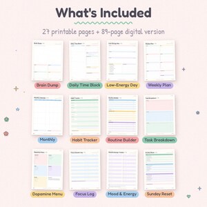 K&ouml;nnte beinhalten: Ein digitales Planer-Set mit 27 druckbaren Seiten und einer 89-seitigen digitalen Version. Das Layout enth&auml;lt zw&ouml;lf verschiedene Vorlagen mit den Bezeichnungen Brain Dump, Daily Time Block, Low-Energy Day, Weekly Plan, Monthly, Habit Tracker, Routine Builder, Task Breakdown, Dopamine Menu, Focus Log, Mood & Energy und Sunday Reset.