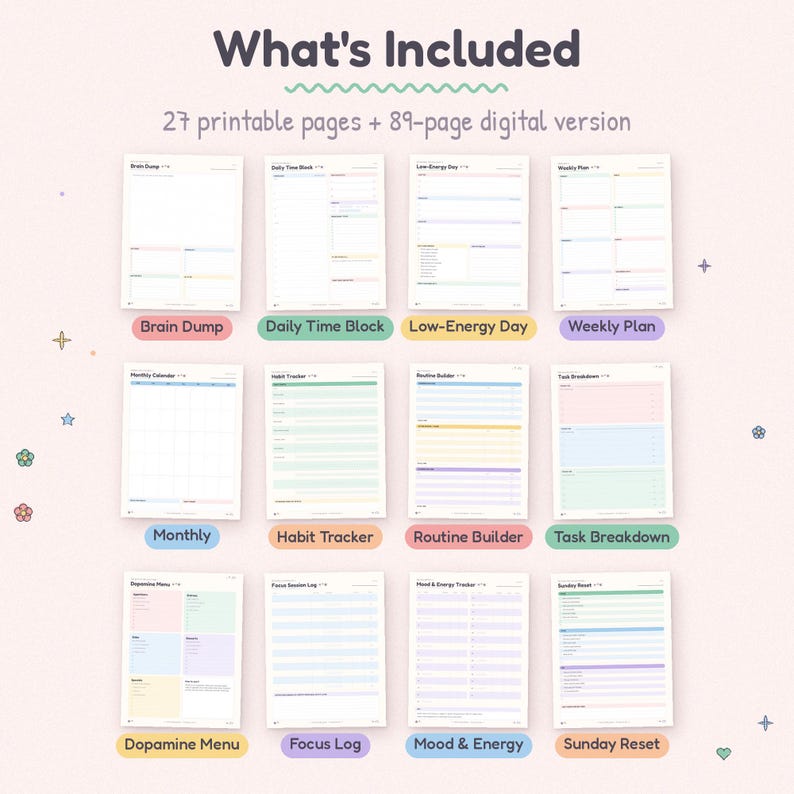 K&ouml;nnte beinhalten: Ein digitales Planer-Set mit 27 druckbaren Seiten und einer 89-seitigen digitalen Version. Das Layout enth&auml;lt zw&ouml;lf verschiedene Vorlagen mit den Bezeichnungen Brain Dump, Daily Time Block, Low-Energy Day, Weekly Plan, Monthly, Habit Tracker, Routine Builder, Task Breakdown, Dopamine Menu, Focus Log, Mood & Energy und Sunday Reset.