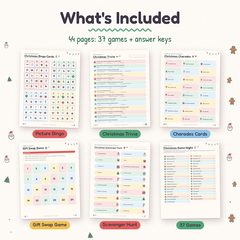 What's included in the 37 Christmas party games: trivia, picture bingo, charades, Would You Rather, Left Right gift game, scavenger hunt, party awards and answer keys.