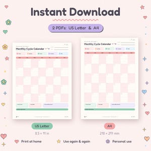 May include: A digital monthly cycle calendar template featuring a grid layout with pastel pink and white squares. The header reads Monthly Cycle Calendar with sections for period, spotting, fertility, ovulation, and pms. Includes A4 210 x 297 mm.