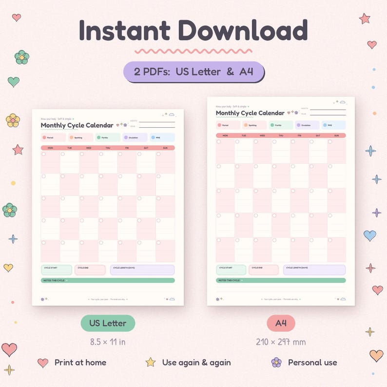 May include: A digital monthly cycle calendar template featuring a grid layout with pastel pink and white squares. The header reads Monthly Cycle Calendar with sections for period, spotting, fertility, ovulation, and pms. Includes A4 210 x 297 mm.