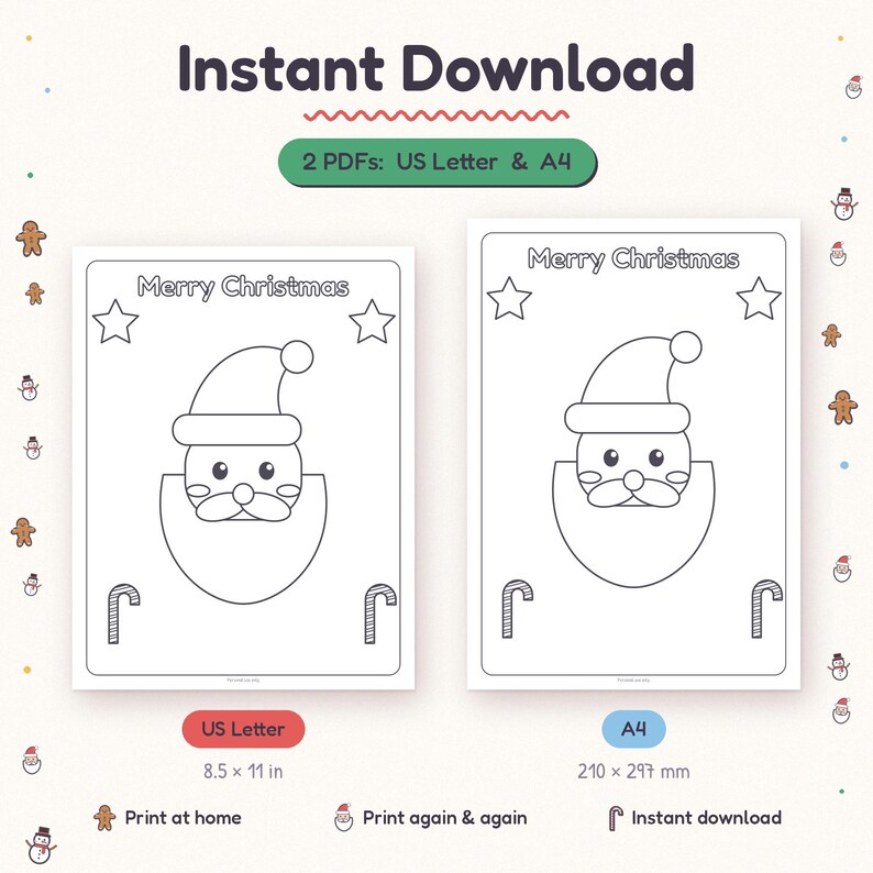 Kawaii Christmas coloring sheets PDF in US Letter and A4 sizes, an instant download to print for classrooms and Christmas break.