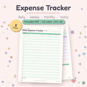 Expense Tracker Printable with a daily spending log, shown as cute pastel finance pages.