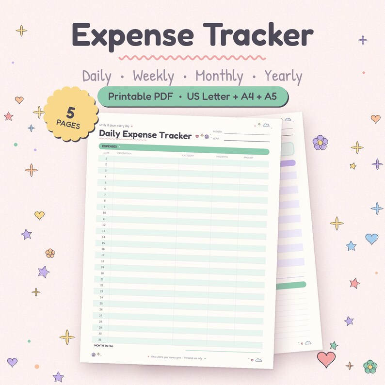 Expense Tracker Printable with a daily spending log, shown as cute pastel finance pages.