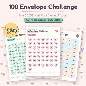 Op de afbeelding: Een set printbare spaartrackers getiteld 100 Envelope Challenge en 50 Envelope Challenge. De vellen bevatten genummerde cirkels, hartjes en rechthoeken in pastelkleuren voor het bijhouden van spaardoelen van $5.050 en $1.275.
