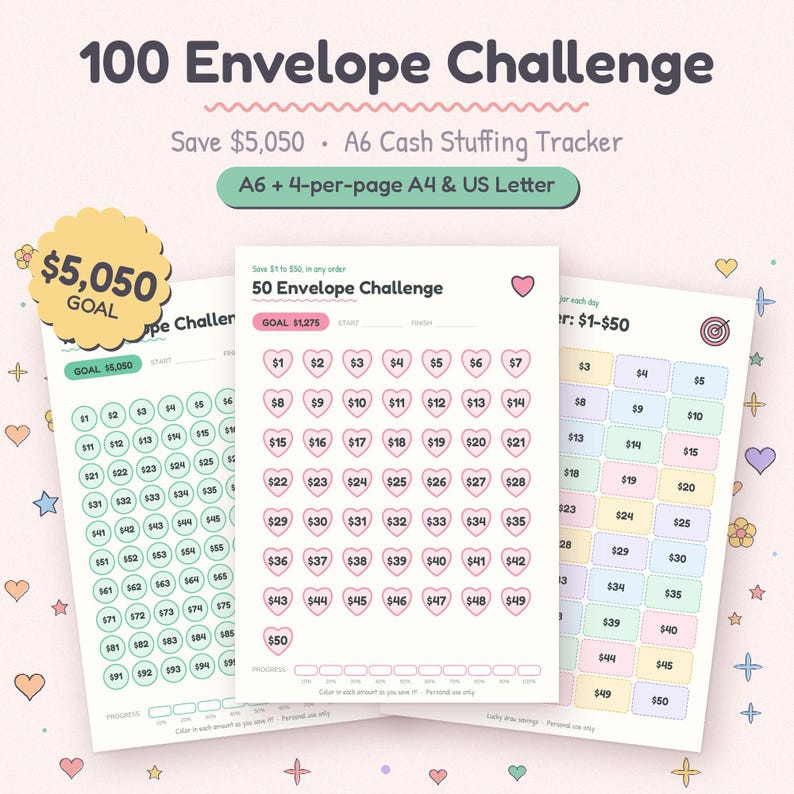 Op de afbeelding: Een set printbare spaartrackers getiteld 100 Envelope Challenge en 50 Envelope Challenge. De vellen bevatten genummerde cirkels, hartjes en rechthoeken in pastelkleuren voor het bijhouden van spaardoelen van $5.050 en $1.275.