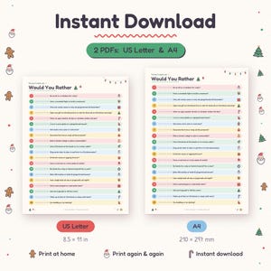Instant download family game night printable in US Letter and A4 PDF sizes, 44 pages ready to print for office parties and family Christmas.