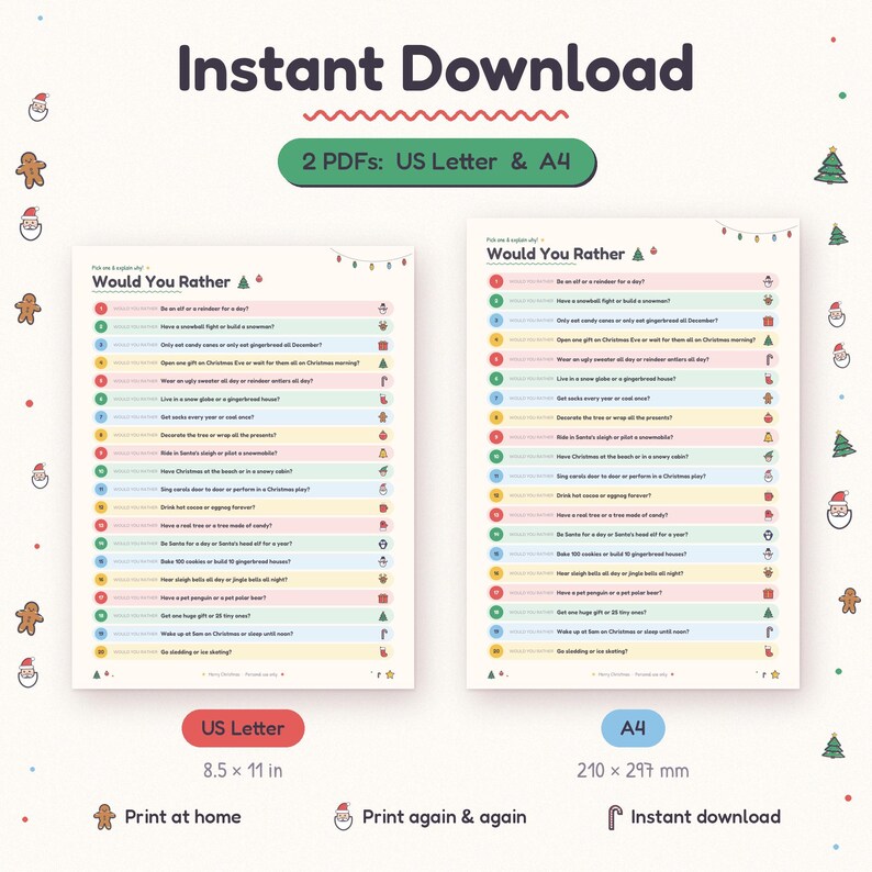Instant download family game night printable in US Letter and A4 PDF sizes, 44 pages ready to print for office parties and family Christmas.