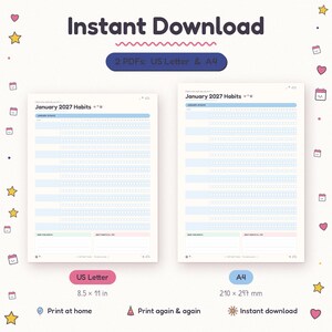 Monthly habit tracker PDF in US Letter and A4 sizes, an instant download planner insert.