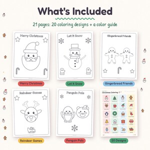What's included: 20 bold, easy Christmas coloring sheets plus a color contents page, with designs like Hot Cocoa Time, Penguin Pals, Sleigh Ride and Cookies for Santa.