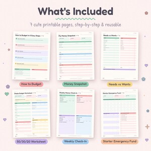 May include: A set of seven printable budget planner pages featuring pastel-colored sections. The sheets include titles such as How to Budget in 5 Easy Steps, My Money Snapshot, Needs vs Wants, Simple Budget Worksheet, Weekly Money Check-In, and Starter Emergency Fund.