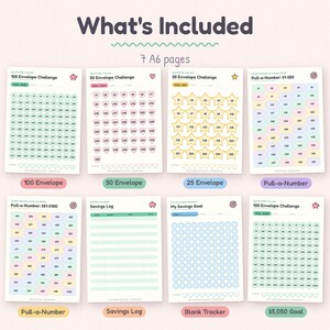 Op de afbeelding: Een set van 7 A6-pagina's voor financi&euml;le tracking, inclusief 100, 50 en 25 enveloppe-uitdagingen, pull-a-number-bladen van 1 tot 100, een spaarlogboek en een lege tracker. Elke pagina bevat kleurrijke iconen, genummerde cirkels en sterren.