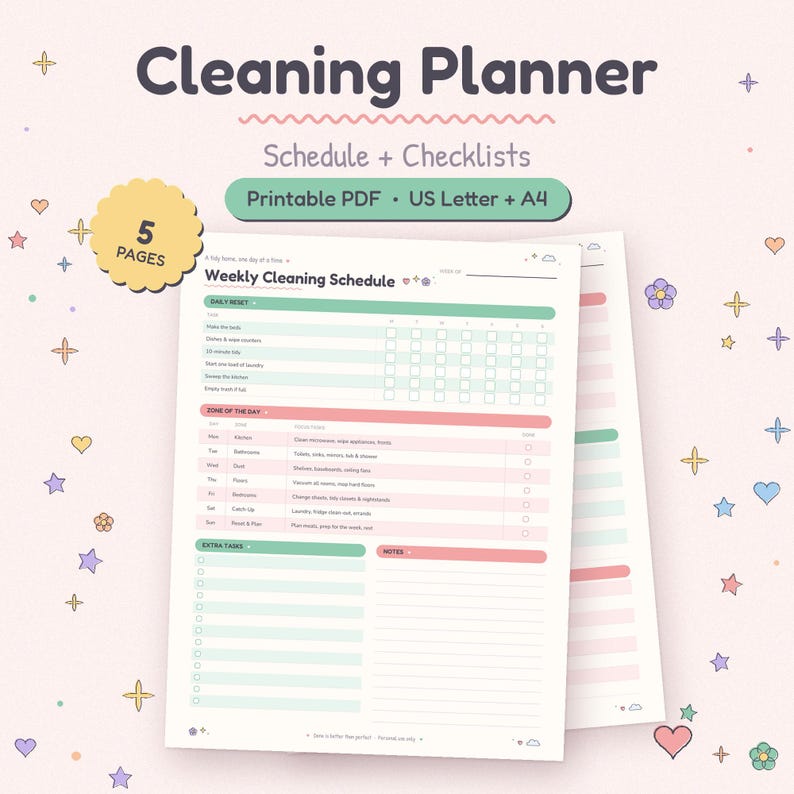 Cute Cleaning Schedule Printable in pastel colors with a weekly cleaning planner and daily reset tracker.