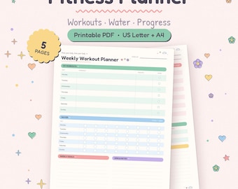 May include: A 5-page printable fitness planner PDF in US Letter and A4 sizes. The document features a weekly workout planner with sections for workouts, water intake, weekly goals, and notes, decorated with small colorful hearts and flowers.