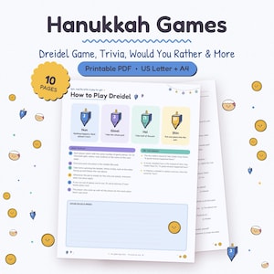 Puede incluir: Un conjunto de 10 p&aacute;ginas de juegos de Hanukkah en PDF imprimible que incluye instrucciones para el juego de dreidel, trivia y preguntas de tipo dilema. El documento presenta ilustraciones coloridas de dreidels y monedas de oro.