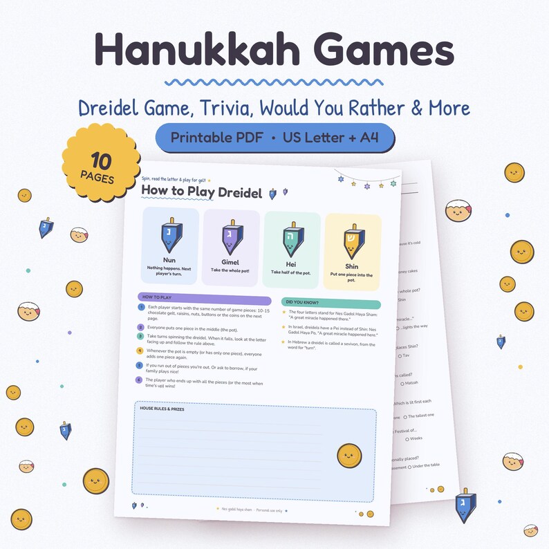 Puede incluir: Un conjunto de 10 p&aacute;ginas de juegos de Hanukkah en PDF imprimible que incluye instrucciones para el juego de dreidel, trivia y preguntas de tipo dilema. El documento presenta ilustraciones coloridas de dreidels y monedas de oro.
