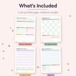 May include: Four printable pages for financial tracking including a 30 Day No-Spend Challenge, a No-Spend Month calendar, a No-Spend Year Tracker, and a Wait List & Wish List. Each page features pastel color accents and organized sections.