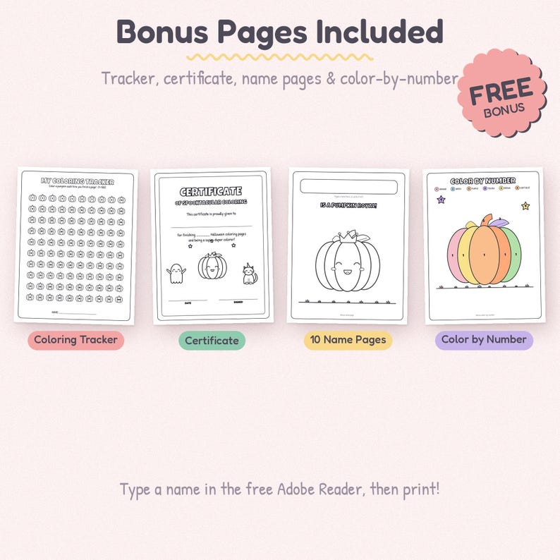 Pu&ograve; includere: Un set di fogli di attivit&agrave; stampabili che include un tracker da colorare, un certificato di colorazione spettrale, dieci pagine di nomi con un'illustrazione di zucca e una pagina da colorare per numero. Il testo include Bonus Pages Included.