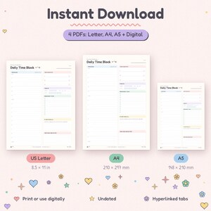 K&ouml;nnte beinhalten: Eine digitale Tagesplaner-Vorlage mit Zeitbl&ouml;cken in den Formaten US Letter, A4 und A5. Das Layout enth&auml;lt Bereiche f&uuml;r Zeitplanung, Priorit&auml;ten, Check-ins, Aufgabenlisten und Notizen, mit den Textbeschriftungen Daily Time Block und Instant Download.