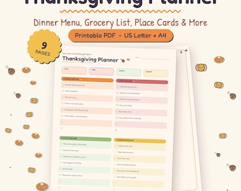 Planificador de cena de Acción de Gracias, menú, lista de compras, tarjetas de lugar (descarga en PDF)