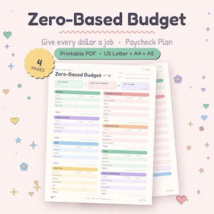 K&ouml;nnte beinhalten: Ein Zero-Based Budget Planer als druckbares PDF mit Abschnitten f&uuml;r Einkommen, Wohnen, Nebenkosten, Transport, Lebensmittel und Gesundheit. Enth&auml;lt Felder f&uuml;r geplante und tats&auml;chliche Ausgaben, Formate US Letter, A4 und A5, insgesamt 4 Seiten.