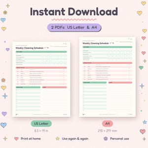 Weekly cleaning planner PDF in US Letter and A4 sizes, an instant download to print at home.