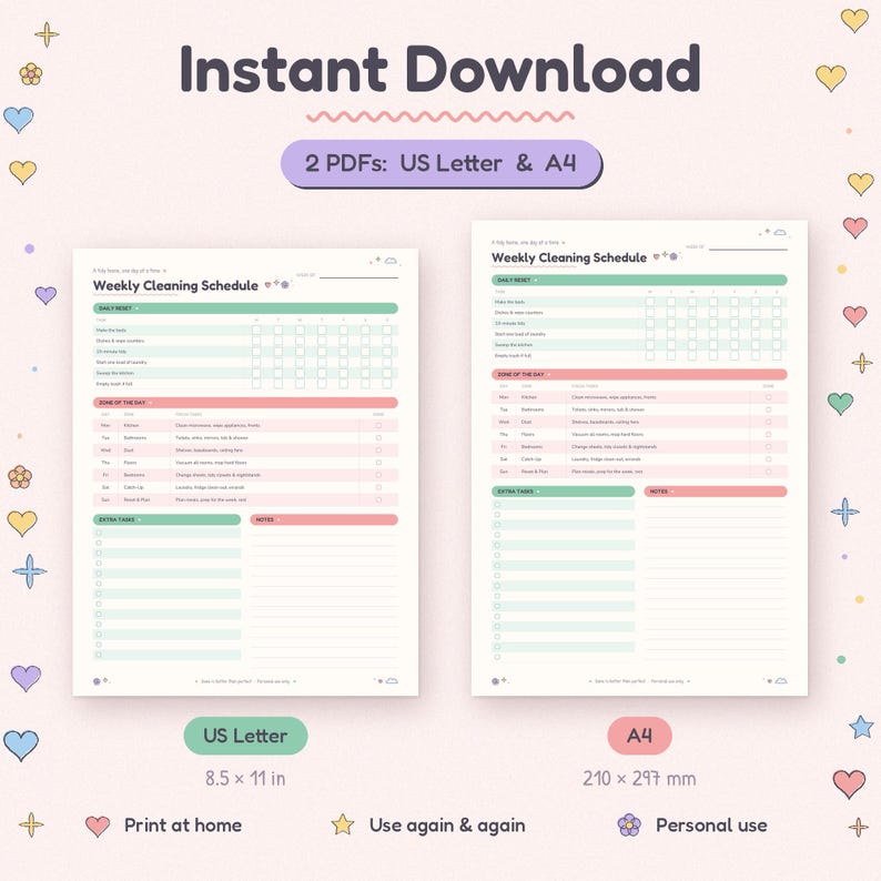 Weekly cleaning planner PDF in US Letter and A4 sizes, an instant download to print at home.